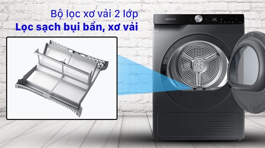 Máy sấy bơm nhiệt Samsung 9 Kg DV90T7240BB/SV có bộ lọc xơ vải 2 lớp